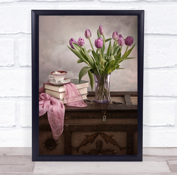 Purple Tulips Cup Book Flowers Comfy Wall Art Print