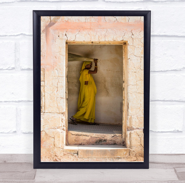 Woman yellow robe canes hole in wall Wall Art Print