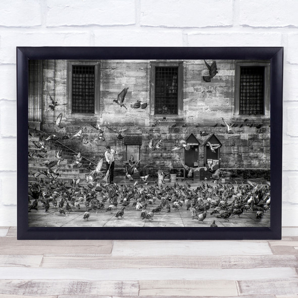 Large flock of pigeons man sweeping Wall Art Print