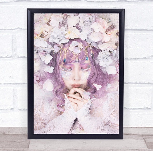 Pink woman floral head wear praying Wall Art Print