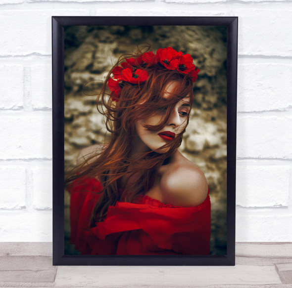 Red Passion woman dress flower pose Wall Art Print