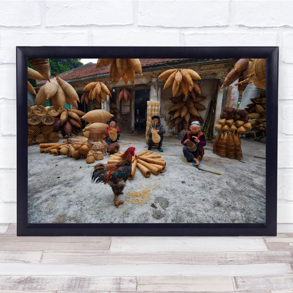 Woven Basket Workers Rooster market Wall Art Print