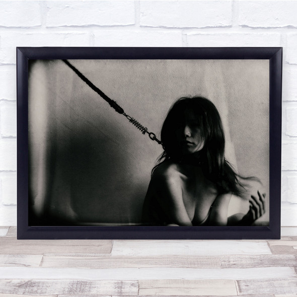 Bind woman on lead black and white Wall Art Print