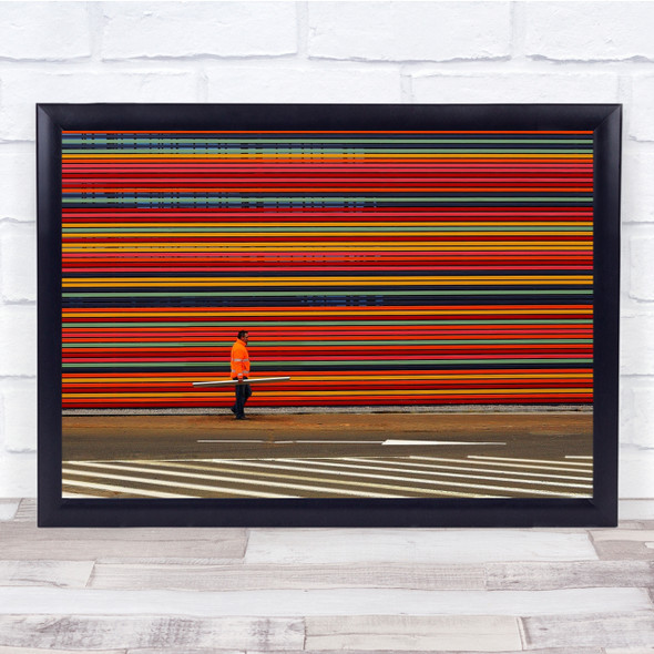 Striped wall Orange jacket walking Wall Art Print