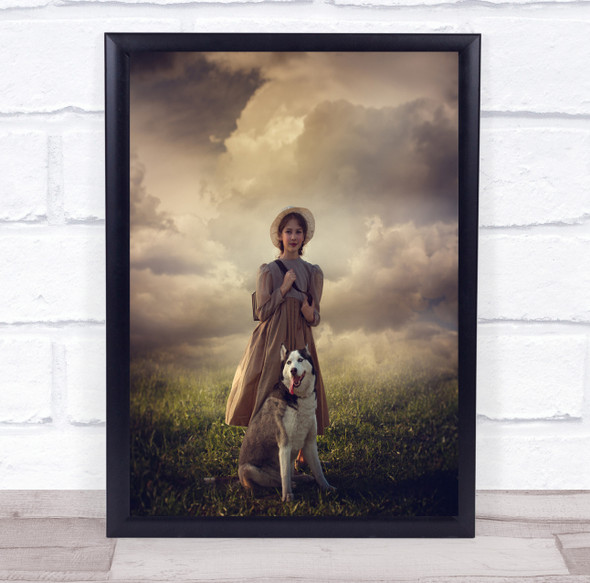 woman and dog field clouds vintage Wall Art Print