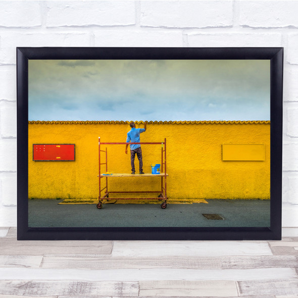 Yellow Wall Blue Shirt Man Paining Wall Art Print