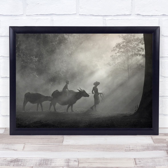 Child on Cow Walking Forest foggy Wall Art Print