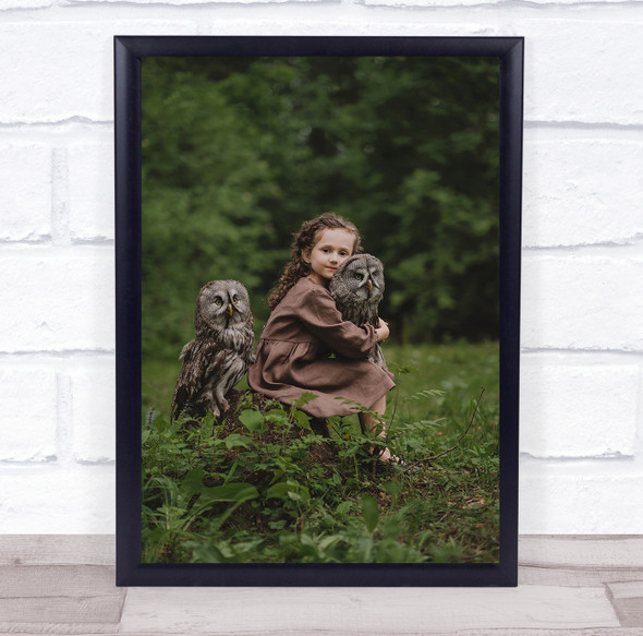 little girl with owls cute forest Wall Art Print