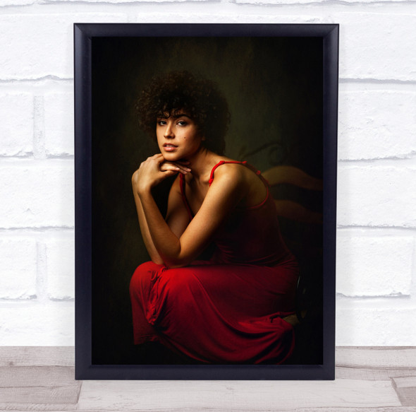 red dress hand on face woman pose Wall Art Print