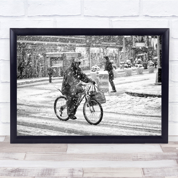 New York In Blizzard man on bike Wall Art Print