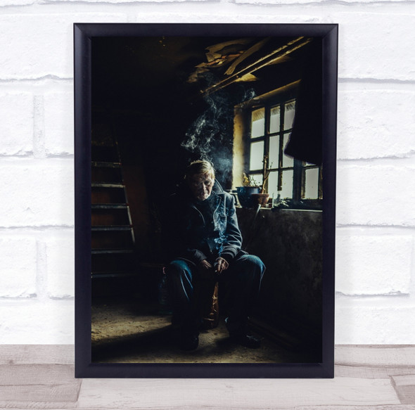 old man smoking dark room shadow Wall Art Print