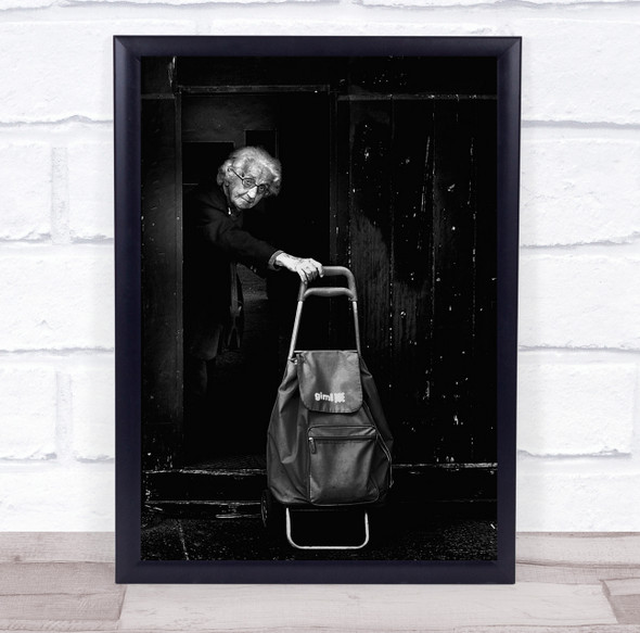 old woman luggage train carriage Wall Art Print