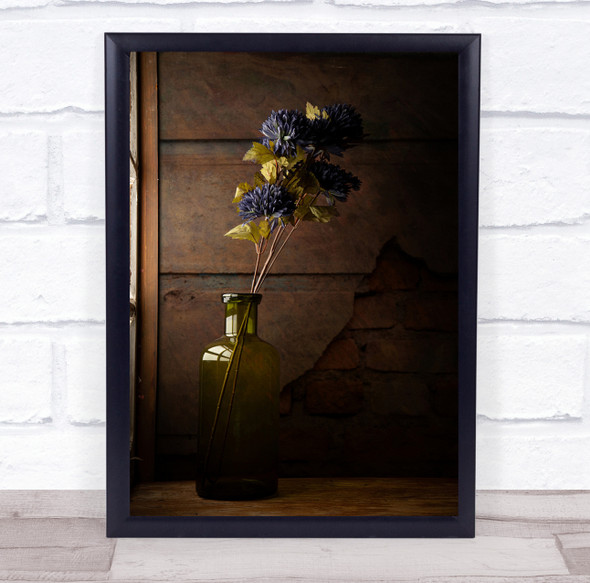 The Blue flowers in green bottle Wall Art Print