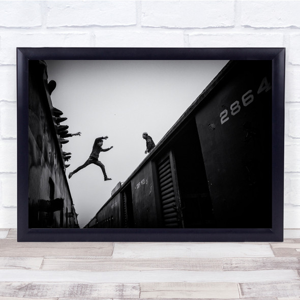 black and white railway jumping Wall Art Print