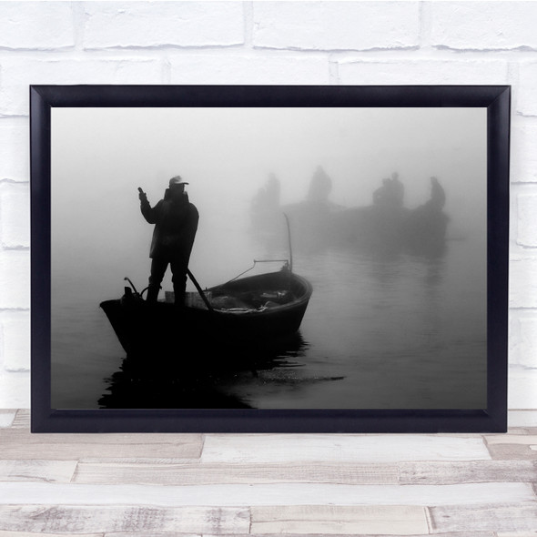 Man On Boat Rowing Foggy Dark Wall Art Print