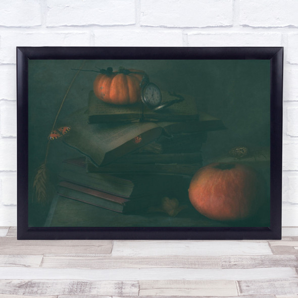 Pumpkins books clock vintage Wall Art Print