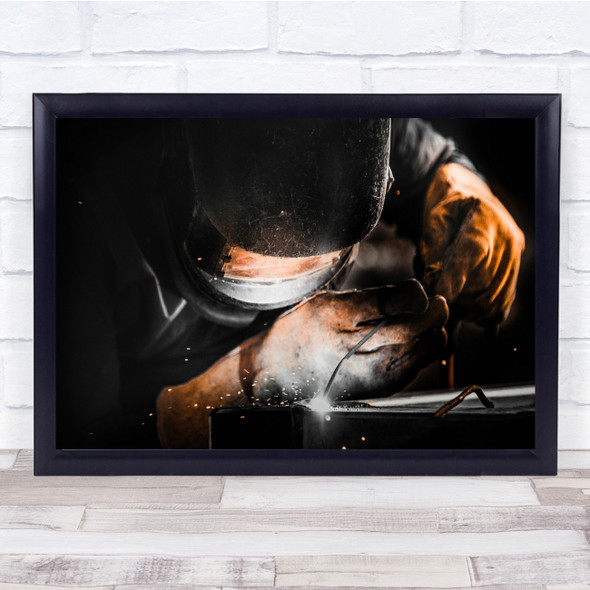 welding mask gloves At Work Wall Art Print