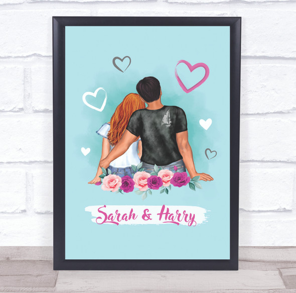 Blue Pink Hearts Romantic Gift For Him or Her Personalized Couple Print