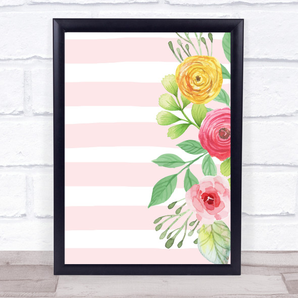 Floral Pink Stripes Framed Wall Art Print