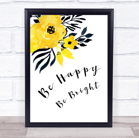 Yellow Black Floral Happy Framed Wall Art Print