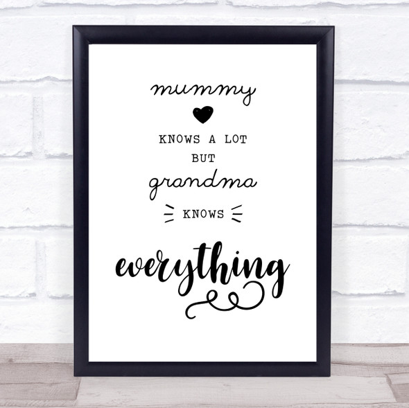 Mummy Knows A Lot But Grandma Knows Everything Quote Typogrophy Wall Art Print