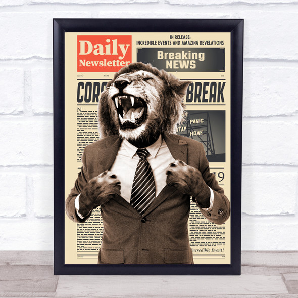 Lion Roaring In Suit Corona Newspaper Decorative Wall Art Print