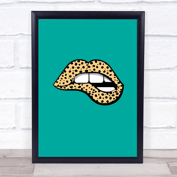 Leopard Print Lips On Turquoise Decorative Wall Art Print