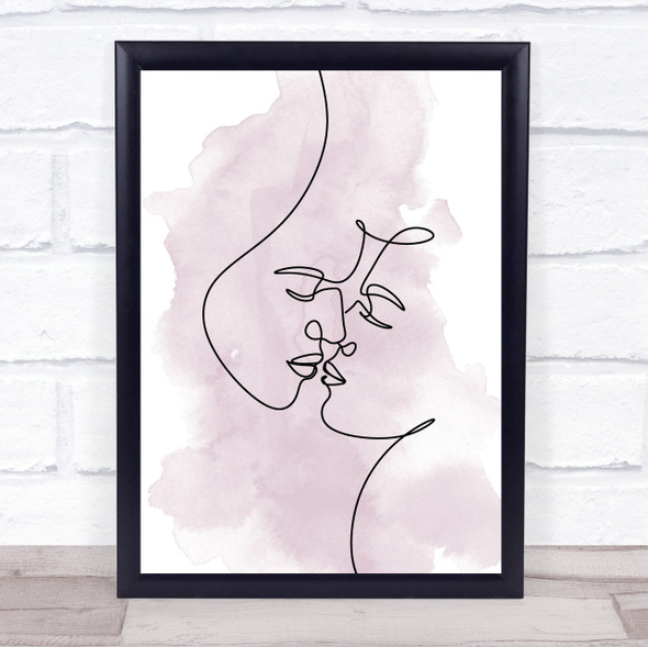 Watercolour Line Art Lovers Kissing Faces Decorative Wall Art Print