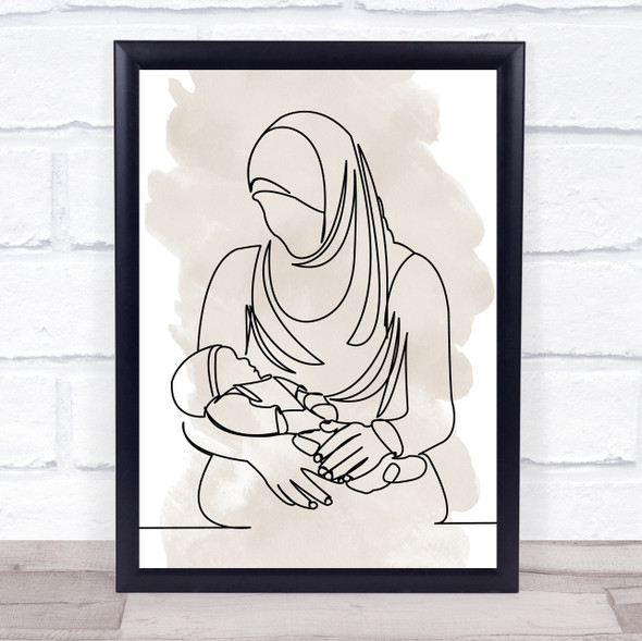 Watercolour Line Art Muslim Mum And Baby Decorative Wall Art Print