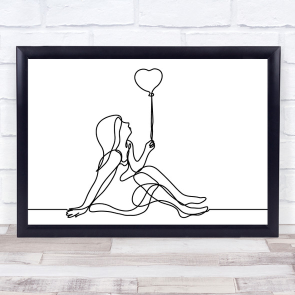 Black & White Line Art Girl And Balloon Decorative Wall Art Print