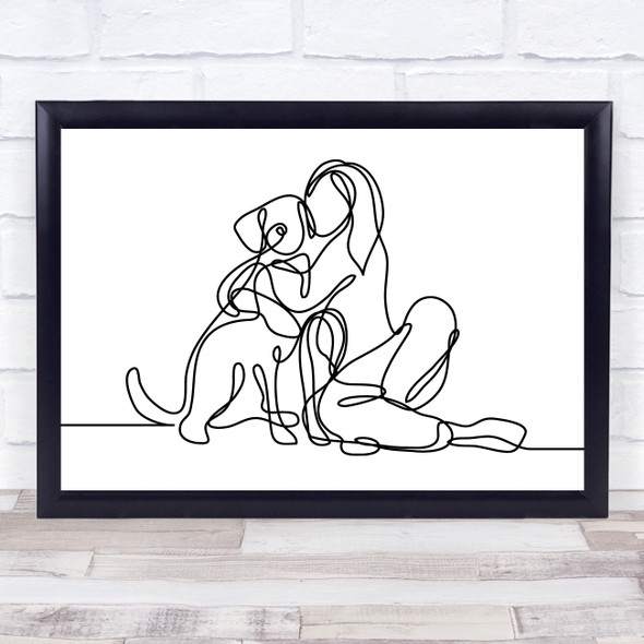 Black & White Line Art Lady And Dog Decorative Wall Art Print