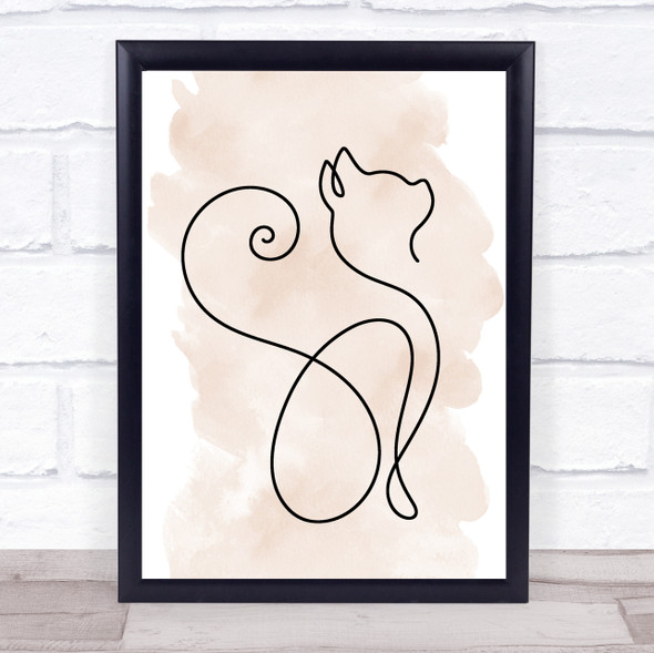 Watercolour Line Art Cat Curly Tail Decorative Wall Art Print