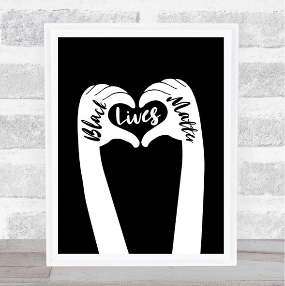 Black Lives Matters Text Within Heart Shaped Fingers Black Wall Art Print