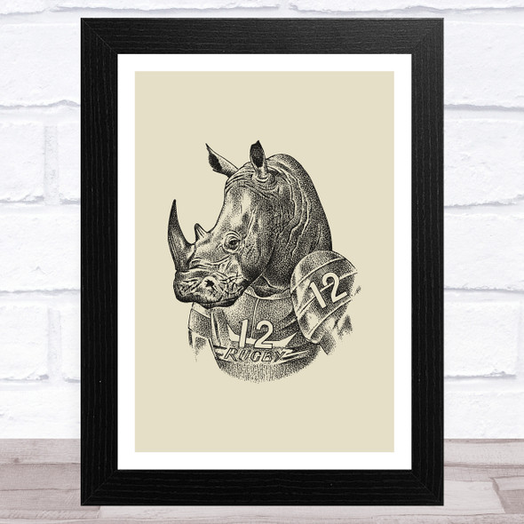 Vintage Black Rhino In Rugby Top On Olive Green Home Wall Art Print