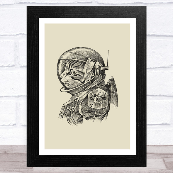 Vintage Black Cat Astronaut On Olive Green Home Wall Art Print