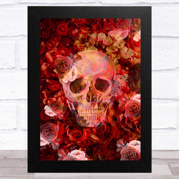 Skull With Flowers Gothic Reds Home Wall Art Print