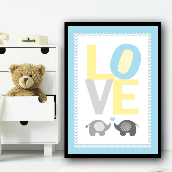 Baby Elephant Love Yellow Blue Children's Nursery Bedroom Wall Art Print