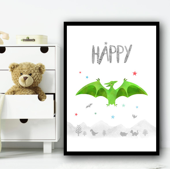 Dinosaur Green Happy Children's Nursery Bedroom Wall Art Print