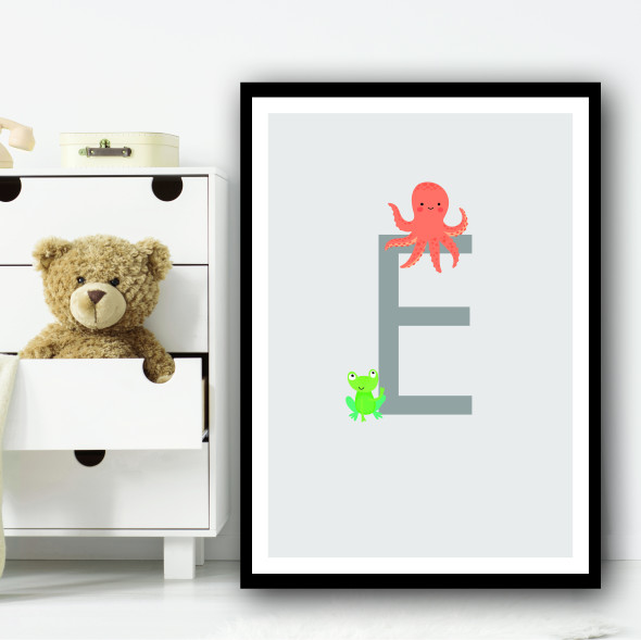 Animal Collection Letter E Children's Kids Wall Art Print