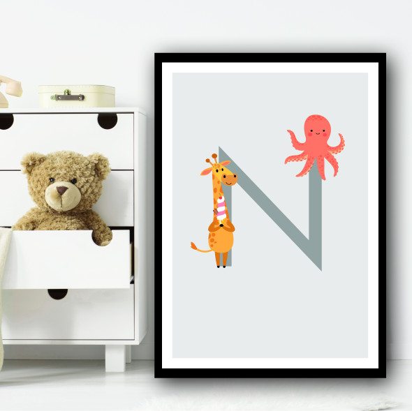 Animal Collection Letter N Children's Kids Wall Art Print