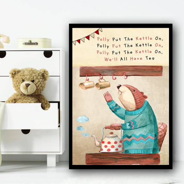 Polly Put The Kettle On Nursery Rhyme Children's Nursery Bedroom Wall Art Print