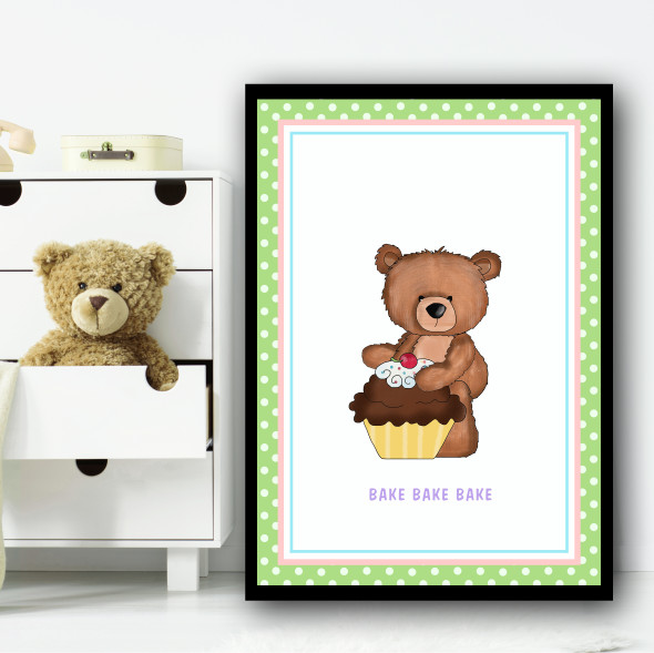 Baking Cakes Teddy 4 Children's Nursery Bedroom Wall Art Print