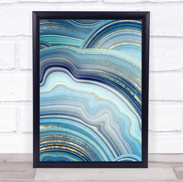 Gold Grey & Blue Marble Swirl Abstract Wall Art Print