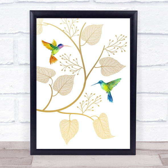 Colourful & Green Hummingbirds Gold Floral Wall Art Print