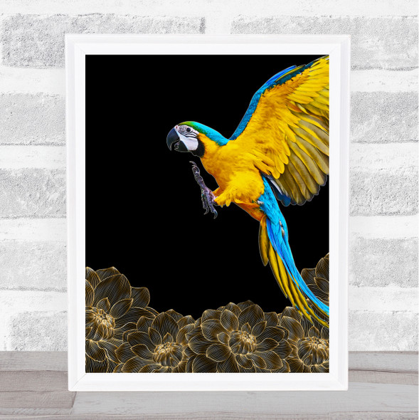 Parrot Gold Flowers Wall Art Print