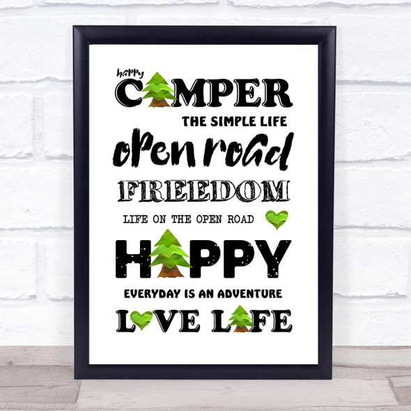 Love Camping The Simple Life Black Text & Trees Quote Typogrophy Wall Art Print