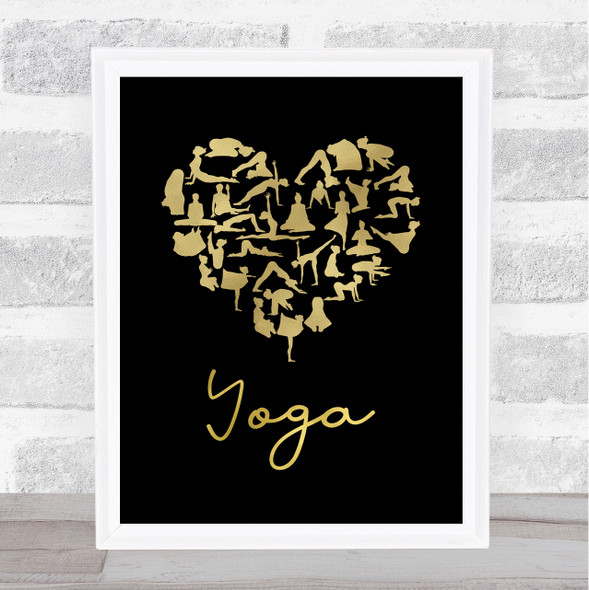 Love Yoga Heart Silhouette Black & Gold Quote Typogrophy Wall Art Print