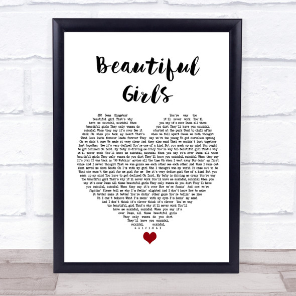 Sean Kingston Beautiful Girls White Heart Song Lyric Print