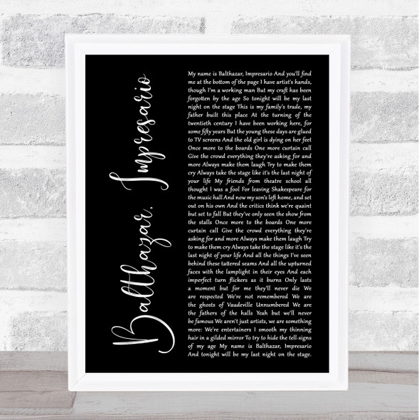 Frank Turner Balthazar, Impresario Black Script Song Lyric Print