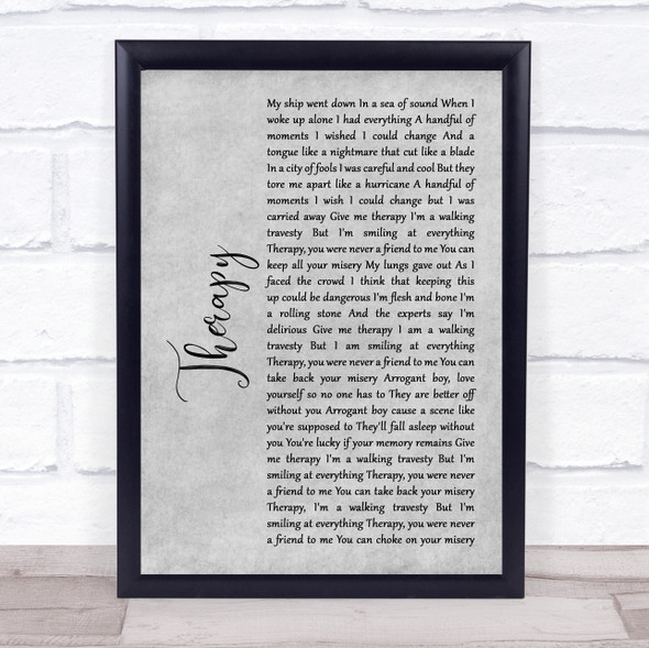 All Time Low Therapy Rustic Script Grey Song Lyric Quote Print